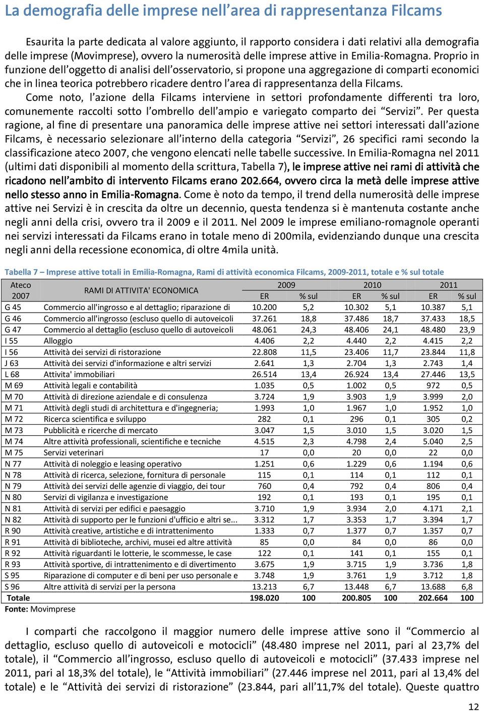 Proprio in funzione dell oggetto di analisi dell osservatorio, si propone una aggregazione di comparti economici che in linea teorica potrebbero ricadere dentro l area di rappresentanza della Filcams.