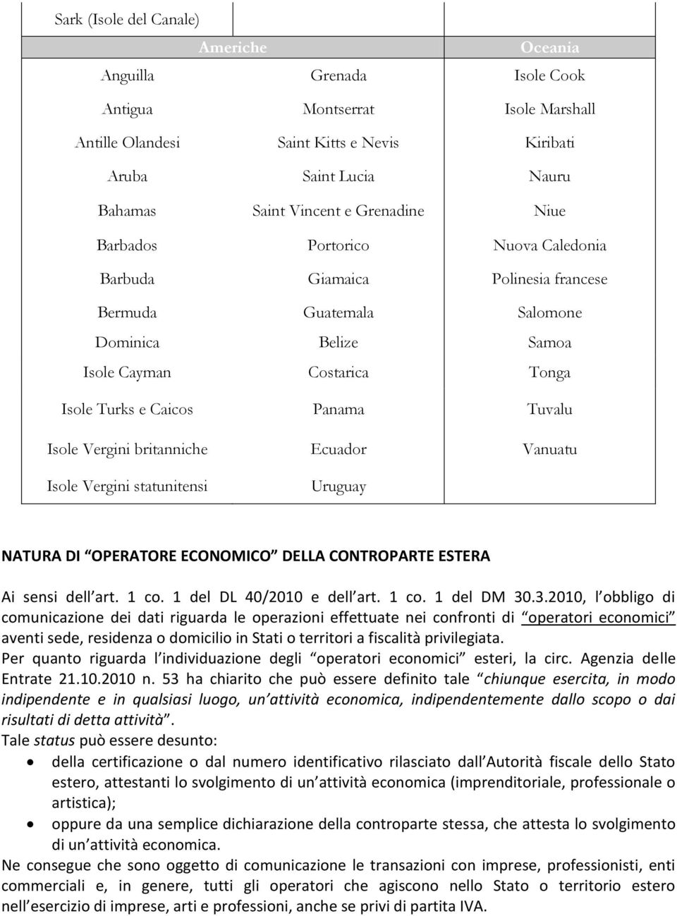 Isole Vergini britanniche Ecuador Vanuatu Isole Vergini statunitensi Uruguay NATURA DI OPERATORE ECONOMICO DELLA CONTROPARTE ESTERA Ai sensi dell art. 1 co. 1 del DL 40/2010 e dell art. 1 co. 1 del DM 30.