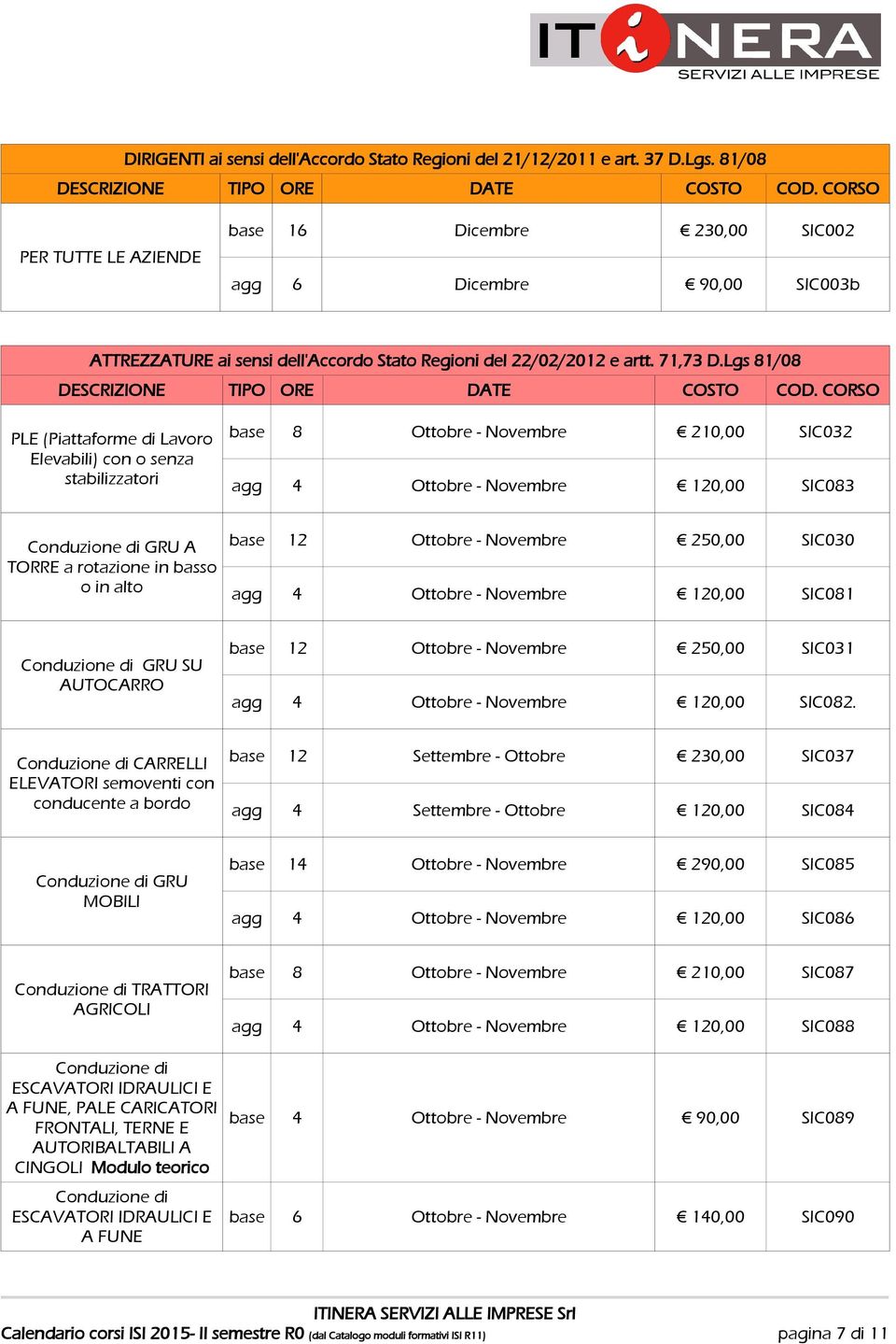 Lgs 81/08 PLE (Piattaforme di Lavoro Elevabili) con o senza stabilizzatori base 8 Ottobre - 210,00 SIC032 agg 4 Ottobre - 120,00 SIC083 Conduzione di GRU A TORRE a rotazione in basso o in alto base