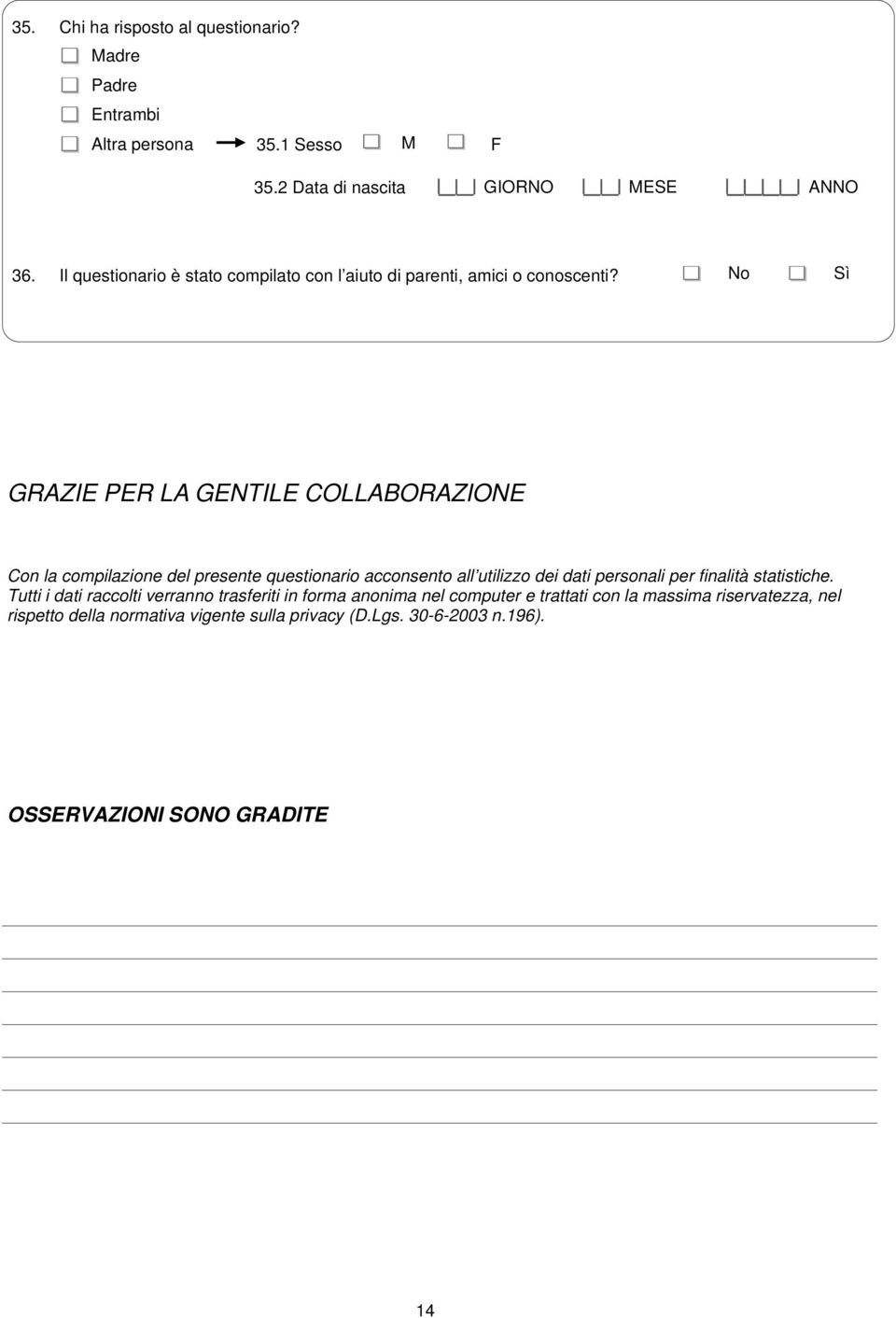 GRAZIE PER LA GENTILE COLLABORAZIONE Con la compilazione del presente questionario acconsento all utilizzo dei dati personali per finalità