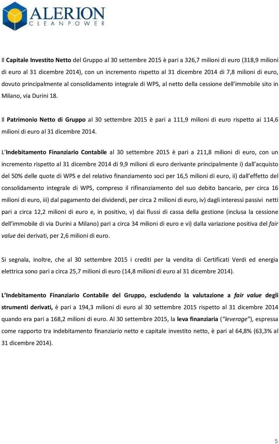 Il Patrimonio Netto di Gruppo al 30 settembre 2015 è pari a 111,9 milioni di euro rispetto ai 114,6 milioni di euro al 31 dicembre 2014.