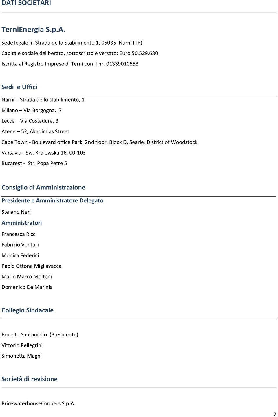 01339010553 Sedi e Uffici Narni Strada dello stabilimento, 1 Milano Via Borgogna, 7 Lecce Via Costadura, 3 Atene 52, Akadimias Street Cape Town - Boulevard office Park, 2nd floor, Block D, Searle.