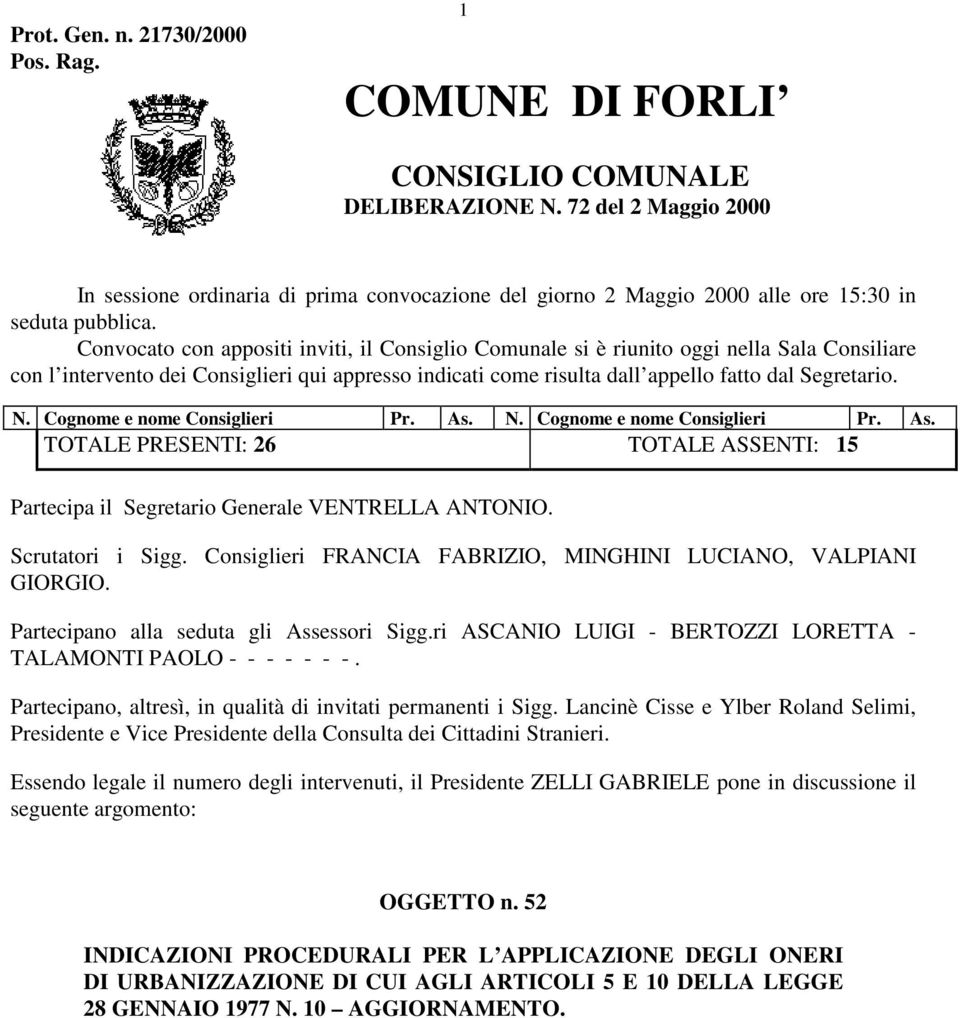 Convocato con appositi inviti, il Consiglio Comunale si è riunito oggi nella Sala Consiliare con l intervento dei Consiglieri qui appresso indicati come risulta dall appello fatto dal Segretario. N.