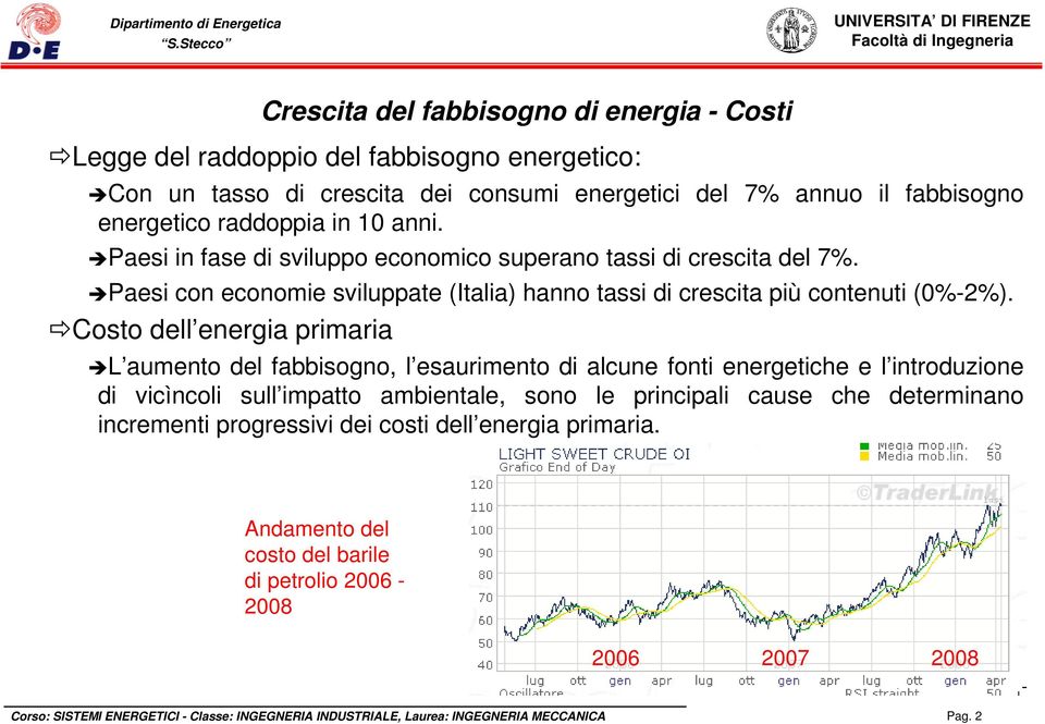 Costo dell energia primaria L aumento del fabbisogno, l esaurimento di alcune fonti energetiche e l introduzione di vicìncoli sull impatto ambientale, sono le principali cause che determinano