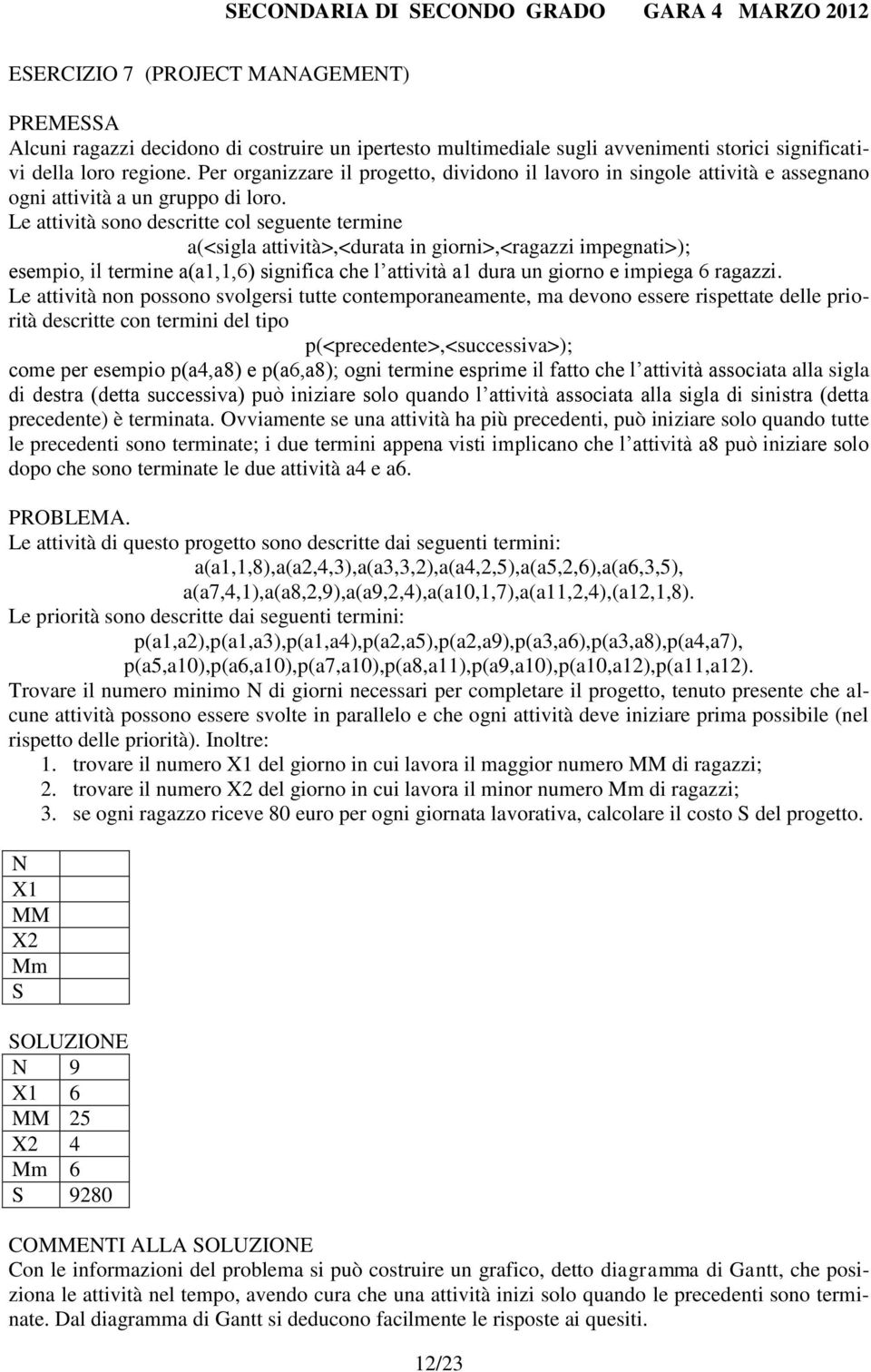 Le attività sono descritte col seguente termine a(<sigla attività>,<durata in giorni>,<ragazzi impegnati>); esempio, il termine a(a1,1,6) significa che l attività a1 dura un giorno e impiega 6