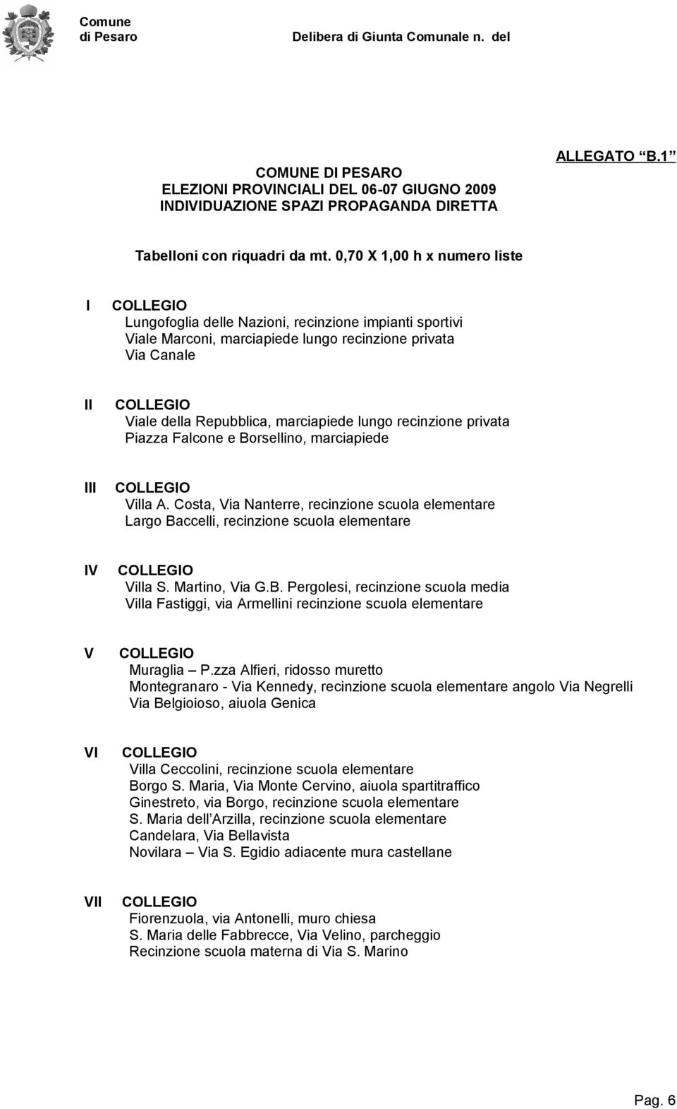 privata III Villa A. Costa, Largo Baccelli, recinzione scuola elementare IV Villa S. Martino, Via G.B. Pergolesi, recinzione scuola media Villa Fastiggi, via Armellini recinzione scuola elementare V Muraglia P.