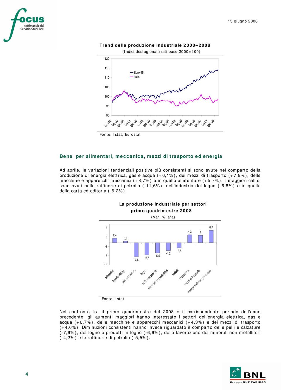 produzione di energia elettrica, gas e acqua (+6,1%), dei mezzi di trasporto (+7,8%), delle macchine e apparecchi meccanici (+8,7%) e in quello alimentare (+5,7%).