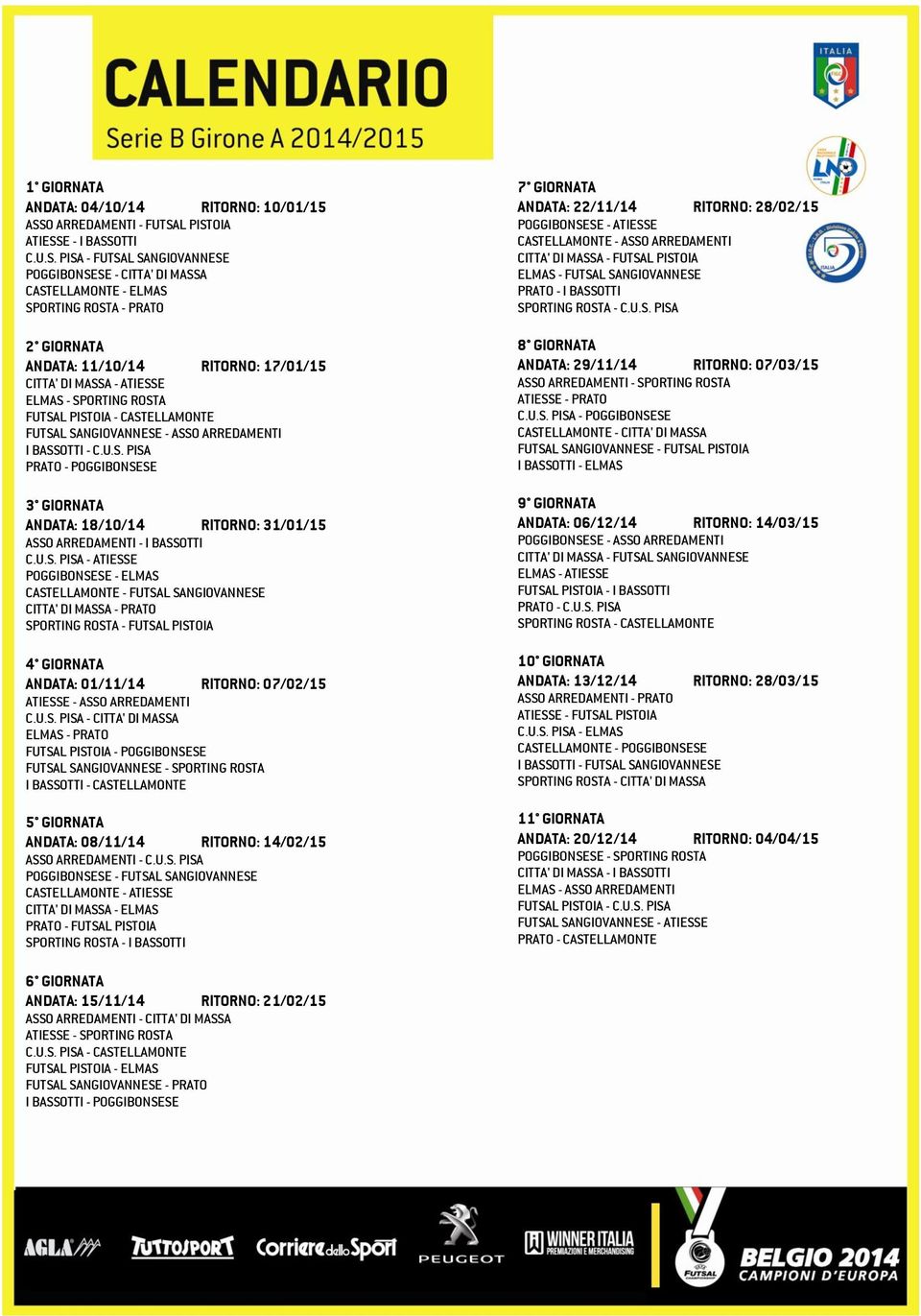 U.S. PISA - CITTA' DI MASSA ELMAS - PRATO FUTSAL PISTOIA - POGGIBONSESE FUTSAL SANGIOVANNESE - SPORTING ROSTA I BASSOTTI - CASTELLAMONTE ASSO ARREDAMENTI - C.U.S. PISA POGGIBONSESE - FUTSAL