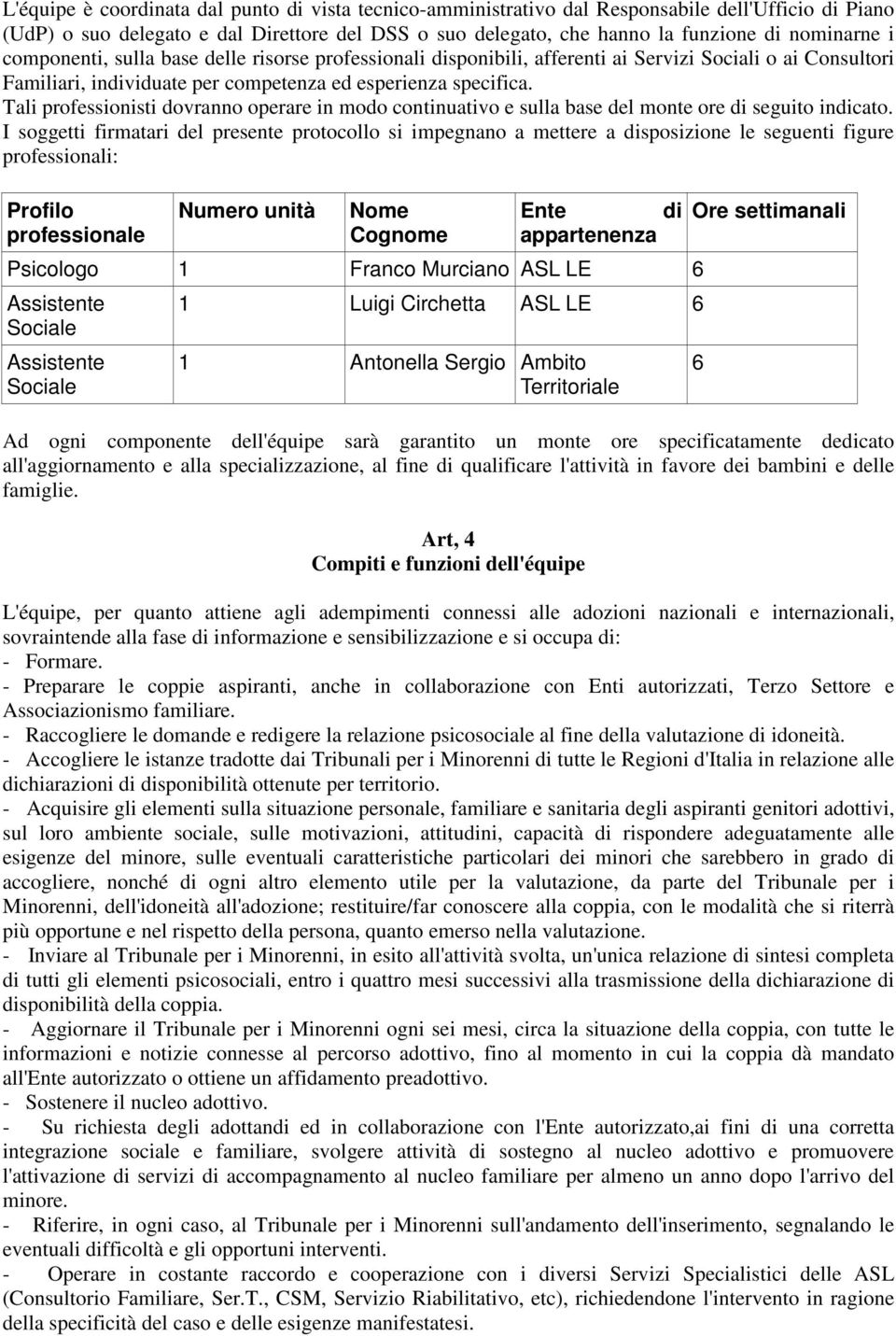 Tali professionisti dovranno operare in modo continuativo e sulla base del monte ore di seguito indicato.