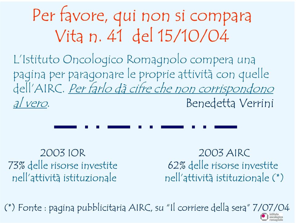 quelle dell AIRC. Per farlo dà cifre che non corrispondono al vero.