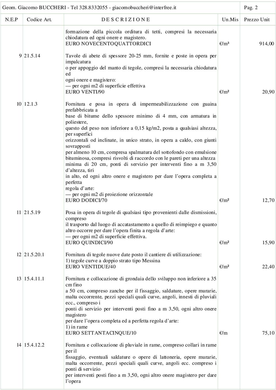 14 Tavole di abete di spessore 20-25 mm, fornite e poste in opera per impalcatura o per appoggio del manto di tegole, compresi la necessaria chiodatura ed ogni onere e magistero: per ogni m2 di