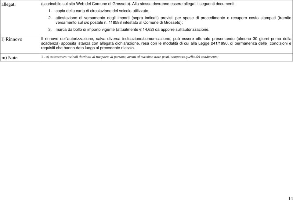 118588 intestato al Comune di Grosseto); 3. marca da bollo di importo vigente (attualmente 14,62) da apporre sull'autorizzazione.