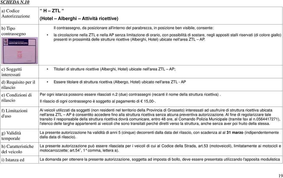 circolazione nella ZTL e nella AP senza limitazione di orario, con possibilità di sostare, negli appositi stalli riservati (di colore giallo) presenti in prossimità delle strutture ricettive