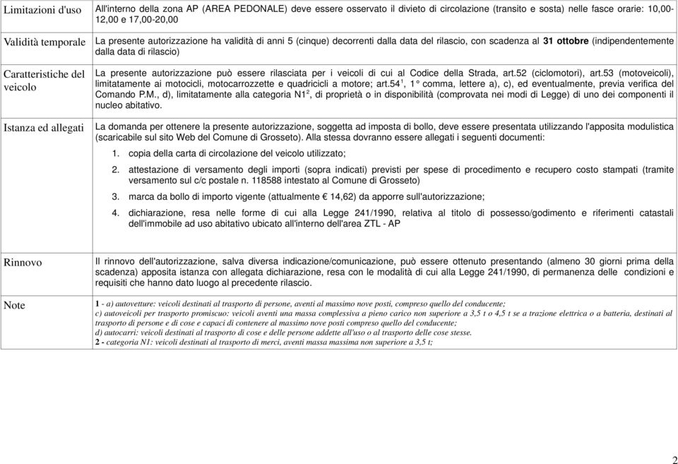 autorizzazione può essere rilasciata per i veicoli di cui al Codice della Strada, art.52 (ciclomotori), art.53 (motoveicoli), limitatamente ai motocicli, motocarrozzette e quadricicli a motore; art.