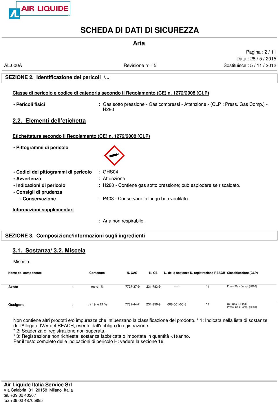 1272/2008 (CLP) Pittogrammi di pericolo Codici dei pittogrammi di pericolo Avvertenza Indicazioni di pericolo M«: GHS04 : Attenzione : H280 - Contiene gas sotto pressione; può esplodere se riscaldato.