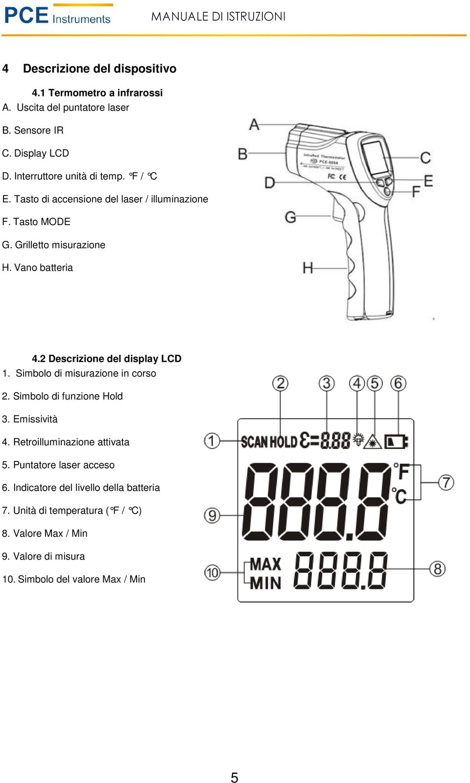 2 Descrizione del display LCD 1. Simbolo di misurazione in corso 2. Simbolo di funzione Hold 3. Emissività 4. Retroilluminazione attivata 5.