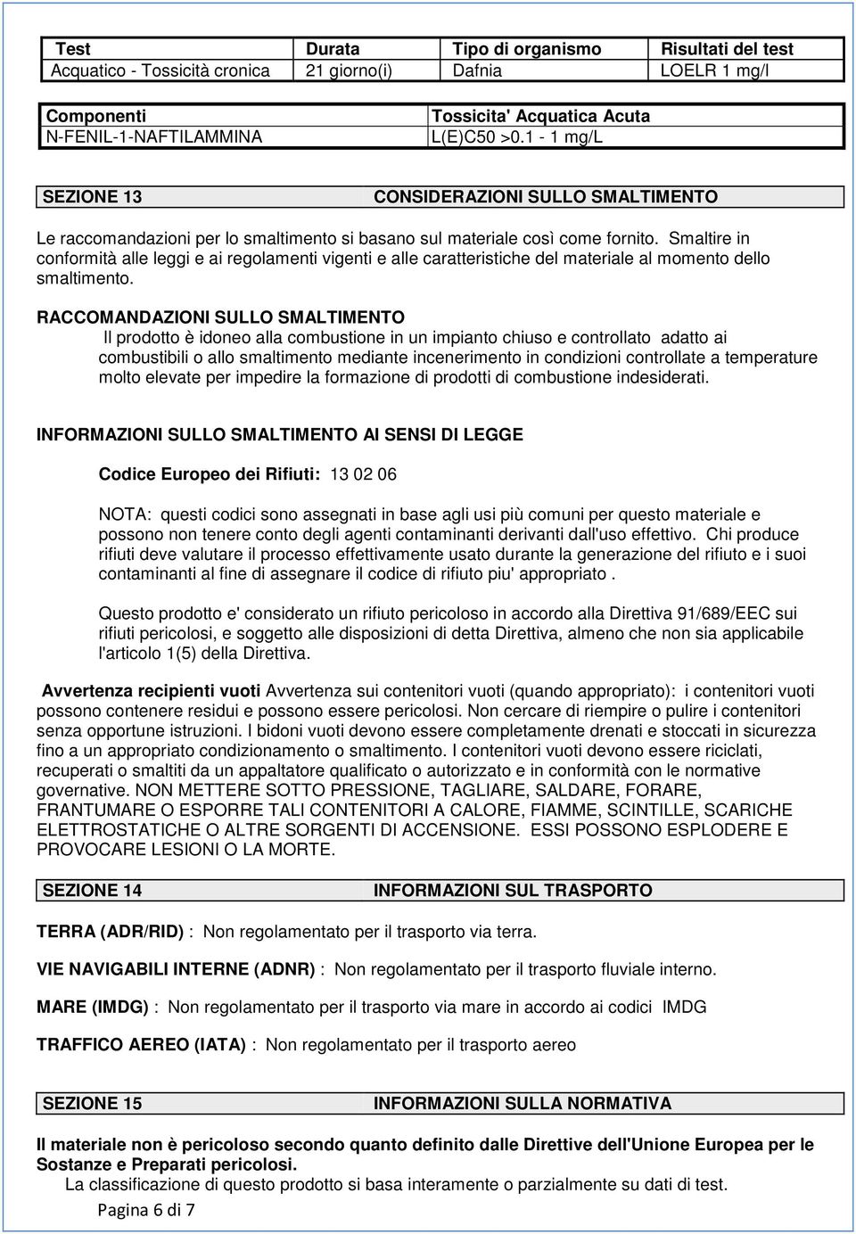 Smaltire in conformità alle leggi e ai regolamenti vigenti e alle caratteristiche del materiale al momento dello smaltimento.