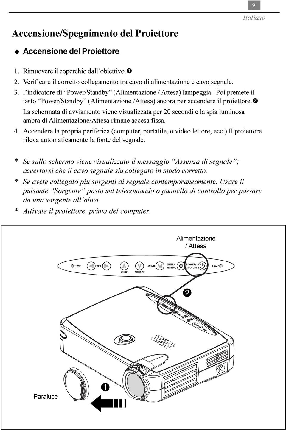 La schermata di avviamento viene visualizzata per 20 secondi e la spia luminosa ambra di Alimentazione/Attesa rimane accesa fissa. 4.