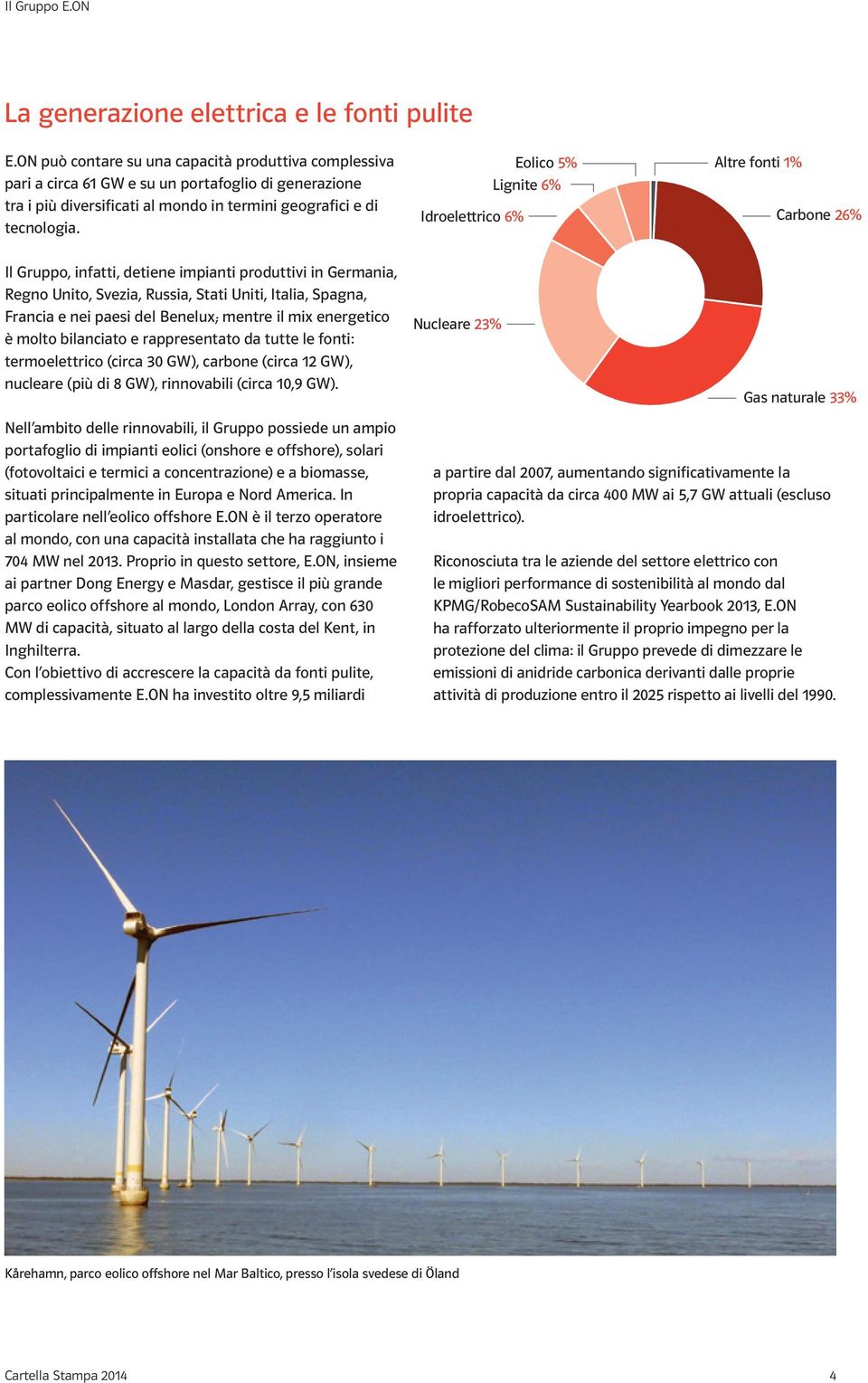 Idroelettrico 6% Eolico 5% Lignite 6% Altre fonti 1% Carbone 26% Il Gruppo, infatti, detiene impianti produttivi in Germania, Regno Unito, Svezia, Russia, Stati Uniti, Italia, Spagna, Francia e nei