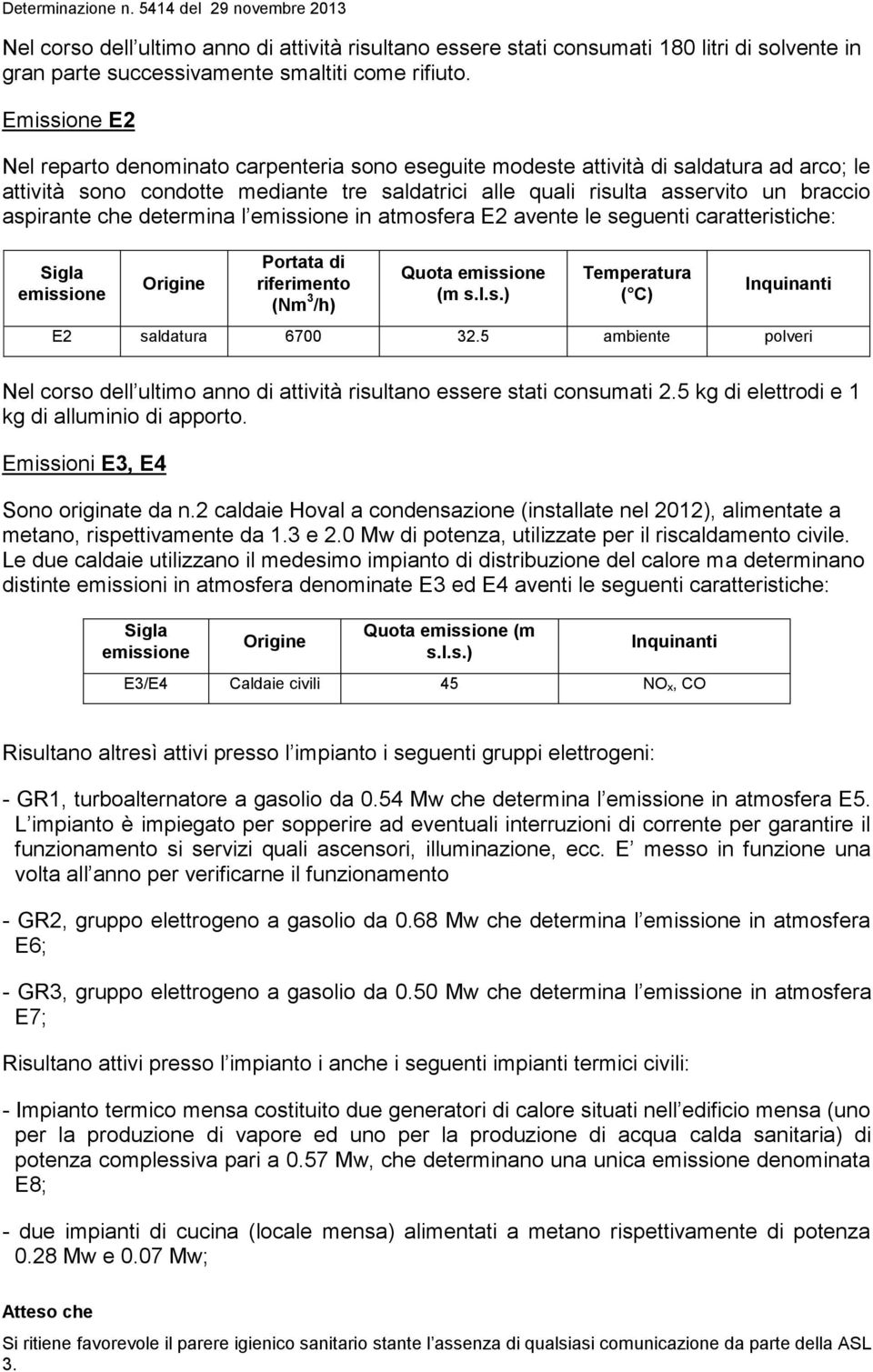 aspirante che determina l emissione in atmosfera E2 avente le seguenti caratteristiche: Sigla emissione Portata di riferimento (Nm 3 /h) Quota emissione (m s.l.s.) Temperatura ( C) E2 saldatura 6700 32.