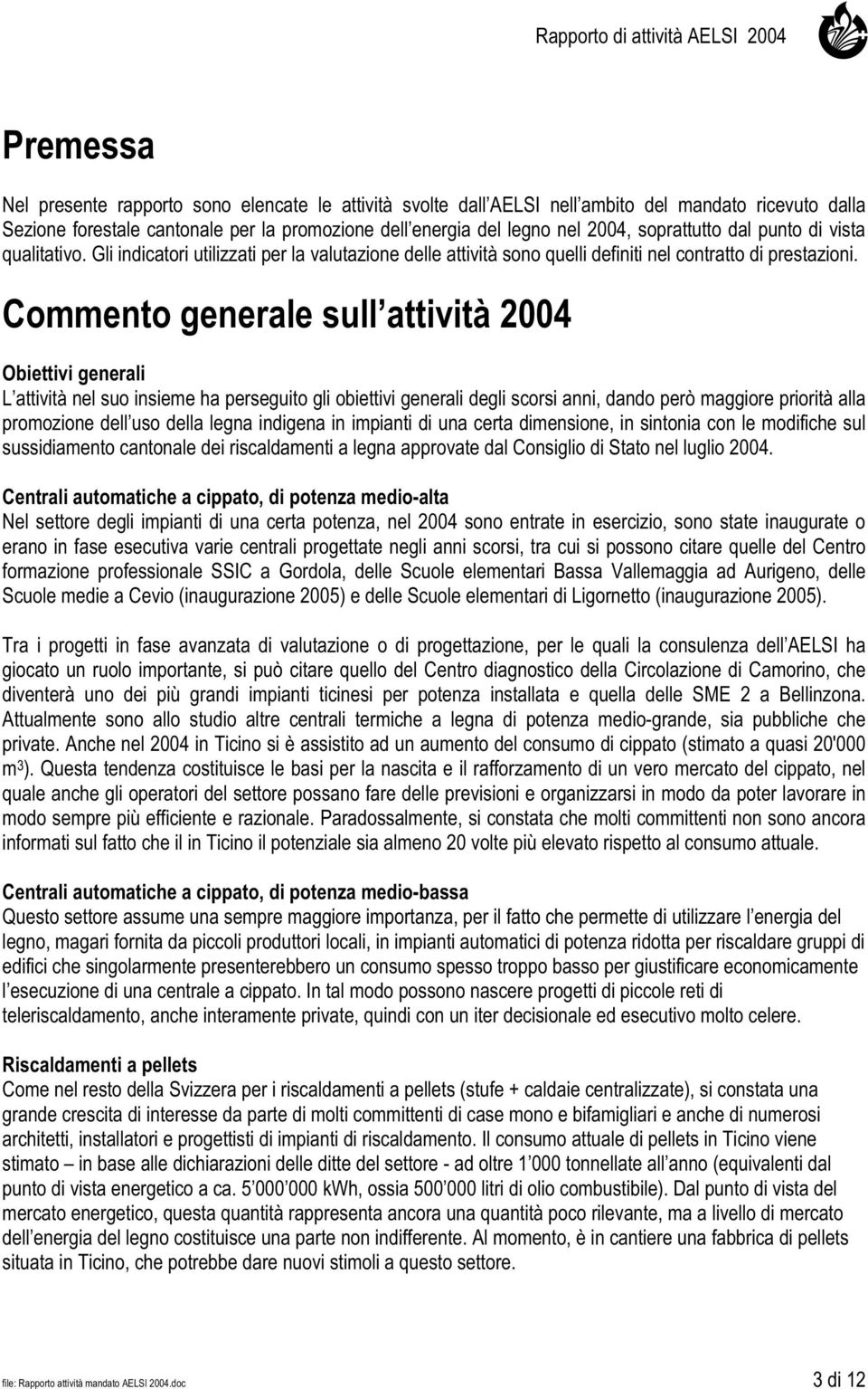 Commento generale sull attività 2004 Obiettivi generali L attività nel suo insieme ha perseguito gli obiettivi generali degli scorsi anni, dando però maggiore priorità alla promozione dell uso della