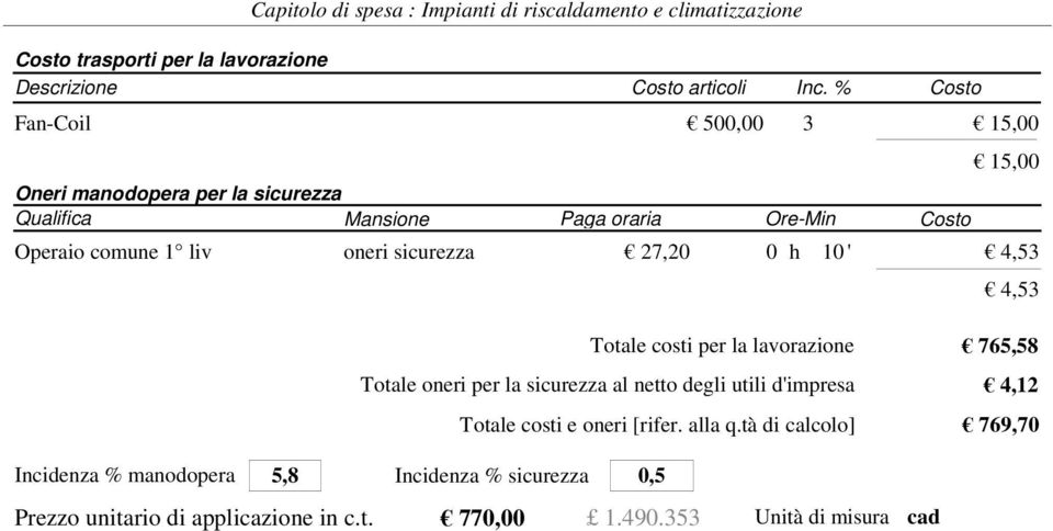 sicurezza 27,20 0 h 10 ' 4,53 4,53 765,58 4,12 769,70 Incidenza %