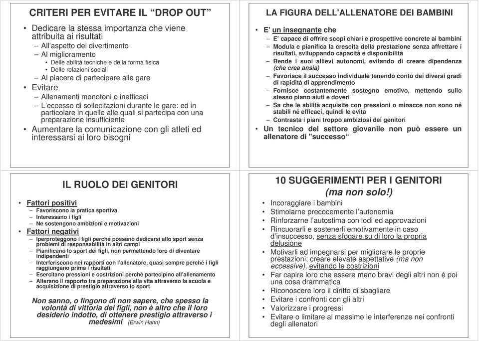 una preparazione insufficiente Aumentare la comunicazione con gli atleti ed interessarsi ai loro bisogni LA FIGURA DELL'ALLENATORE DEI BAMBINI E'un insegnante che E capace di offrire scopi chiari e