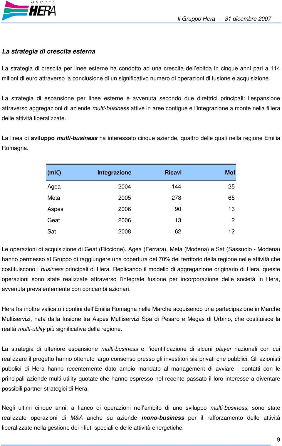 La strategia di espansione per linee esterne è avvenuta secondo due direttrici principali: l espansione attraverso aggregazioni di aziende multi-business attive in aree contigue e l integrazione a