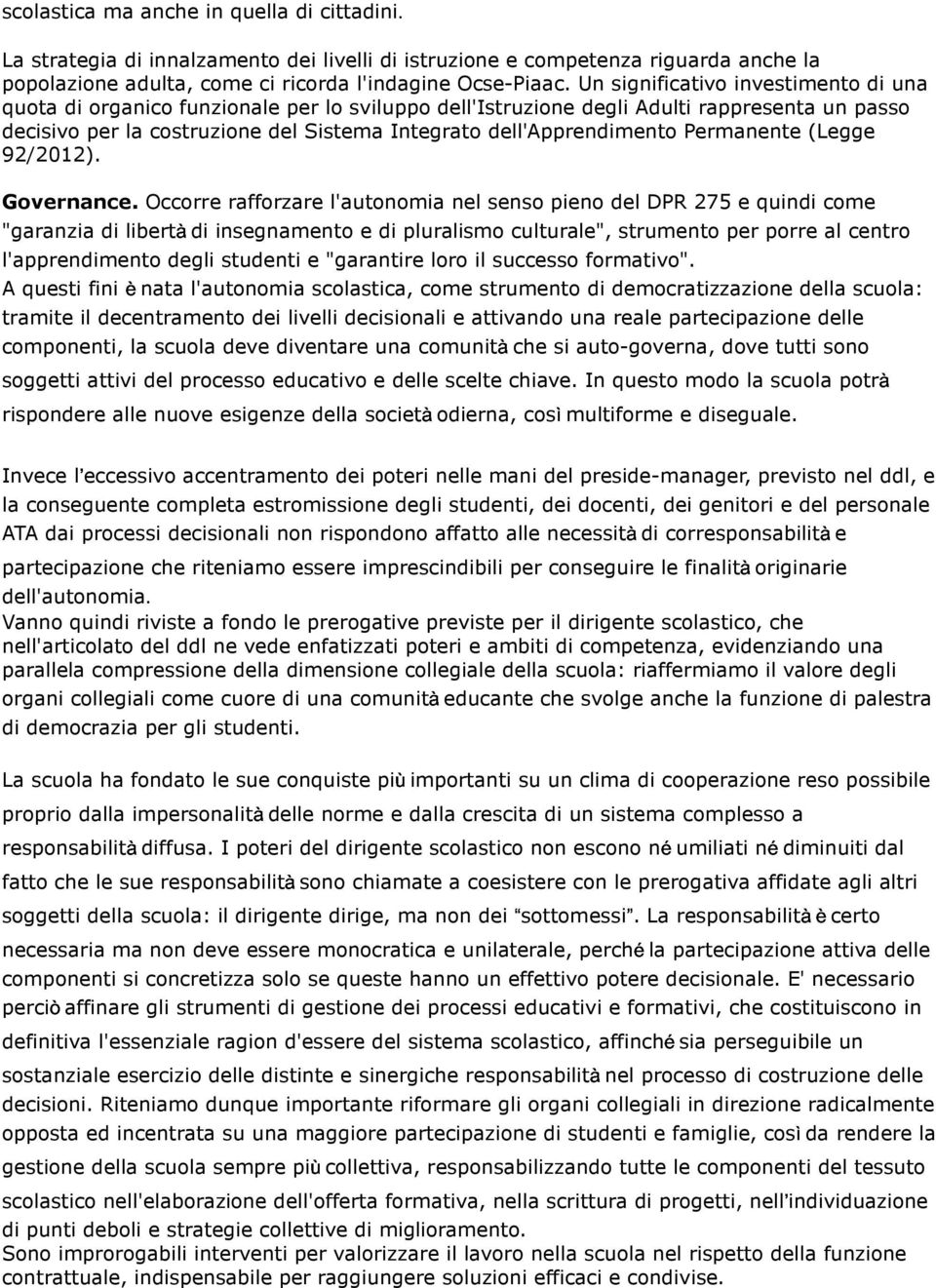 dell'apprendimento Permanente (Legge 92/2012). Governance.