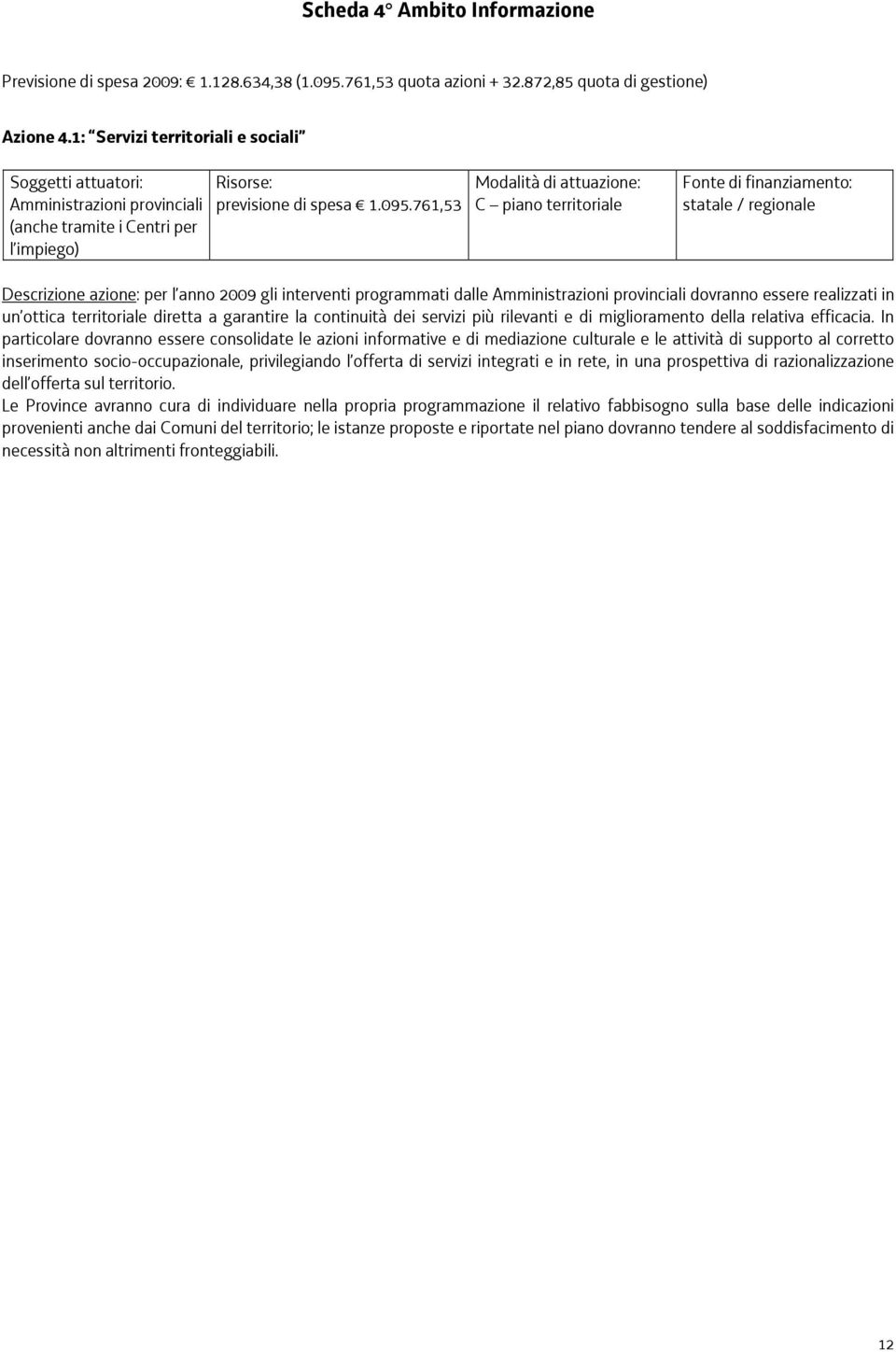 761,53 C piano territoriale statale / Descrizione azione: per l anno 2009 gli interventi programmati dalle Amministrazioni provinciali dovranno essere realizzati in un ottica territoriale diretta a