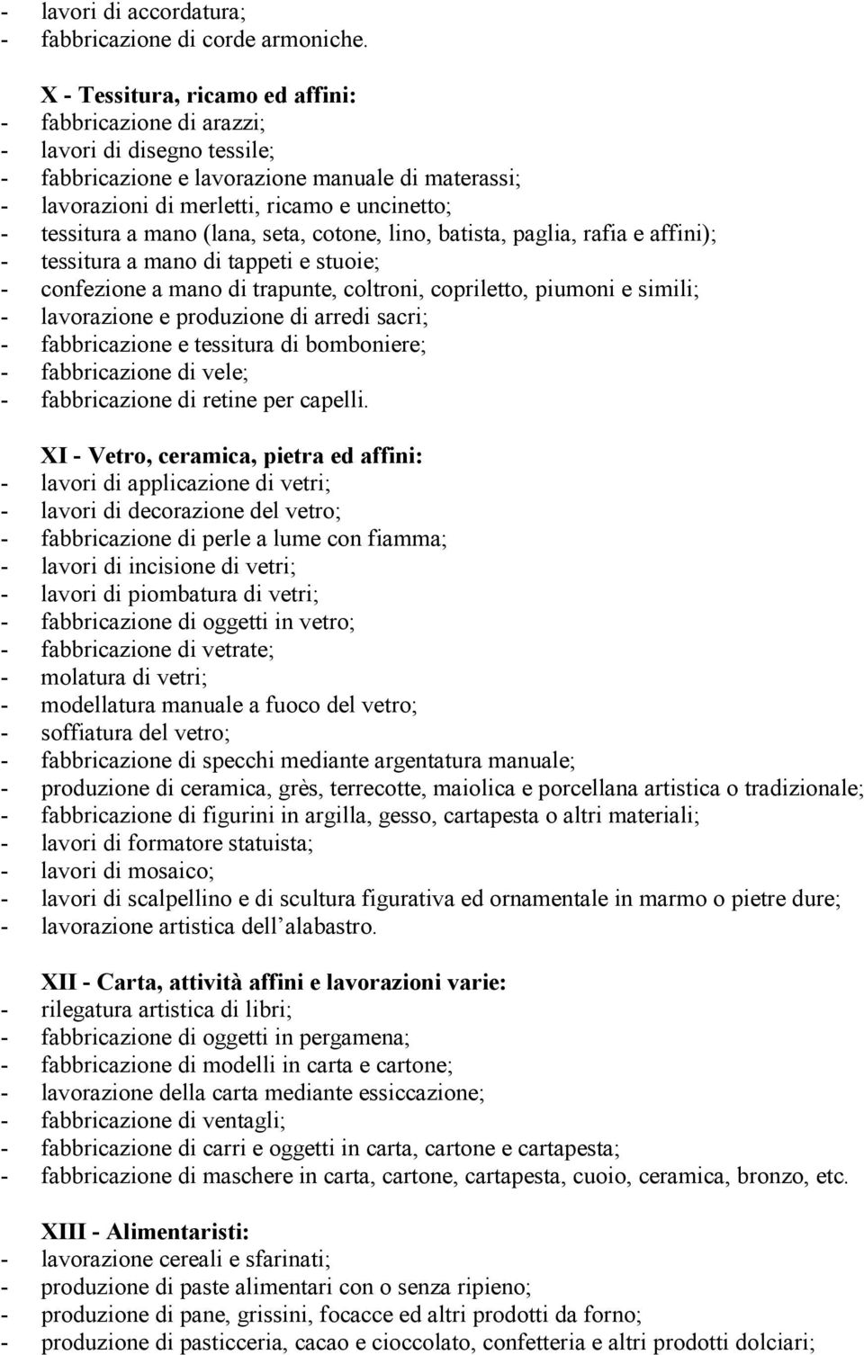 a mano (lana, seta, cotone, lino, batista, paglia, rafia e affini); - tessitura a mano di tappeti e stuoie; - confezione a mano di trapunte, coltroni, copriletto, piumoni e simili; - lavorazione e