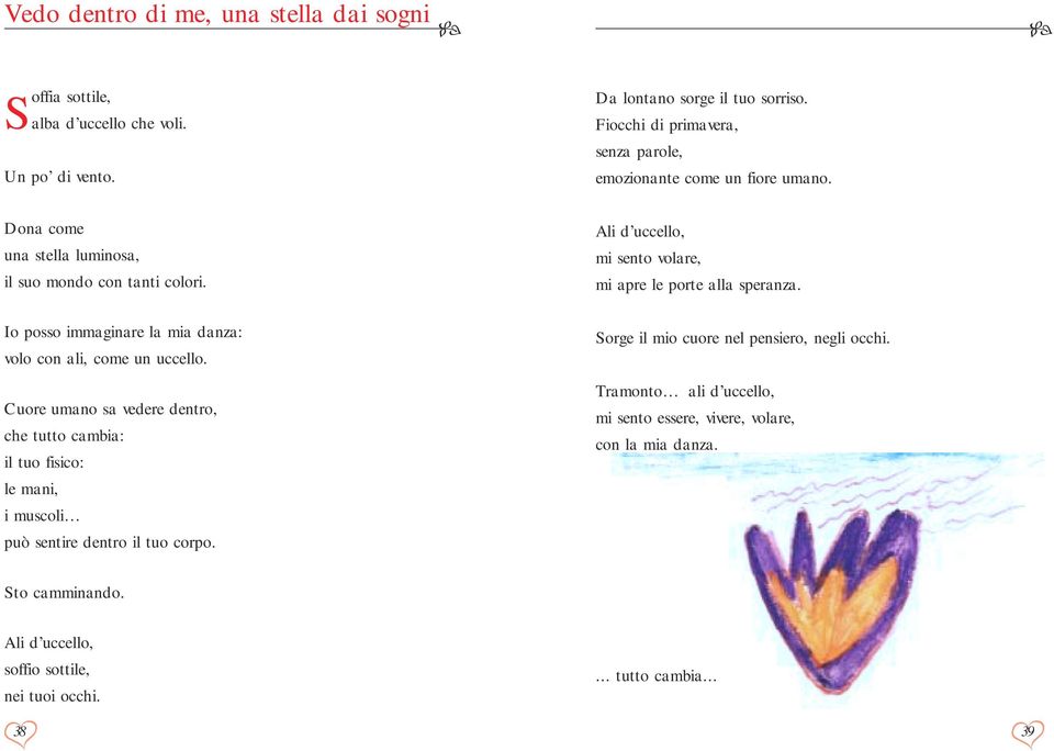 Da lontano sorge il tuo sorriso. Fiocchi di primavera, senza parole, emozionante come un fiore umano. Ali d uccello, mi sento volare, mi apre le porte alla speranza.