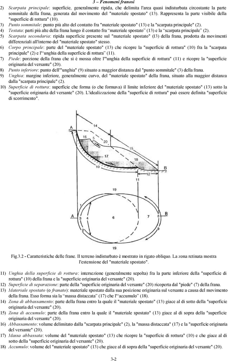 4) Testata: parti più alte della frana lungo il contatto fra materiale spostato (13) e la scarpata principale (2).