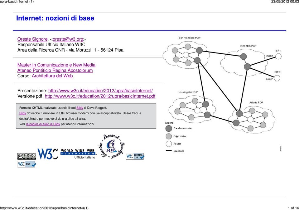 Architettura del Web Presentazione: http://www.w3c.it/education/2012/upra/basicinternet/ Versione pdf: http://www.w3c.it/education/2012/upra/basicinternet.pdf Formato XHTML realizzato usando il tool Slidy di Dave Raggett.