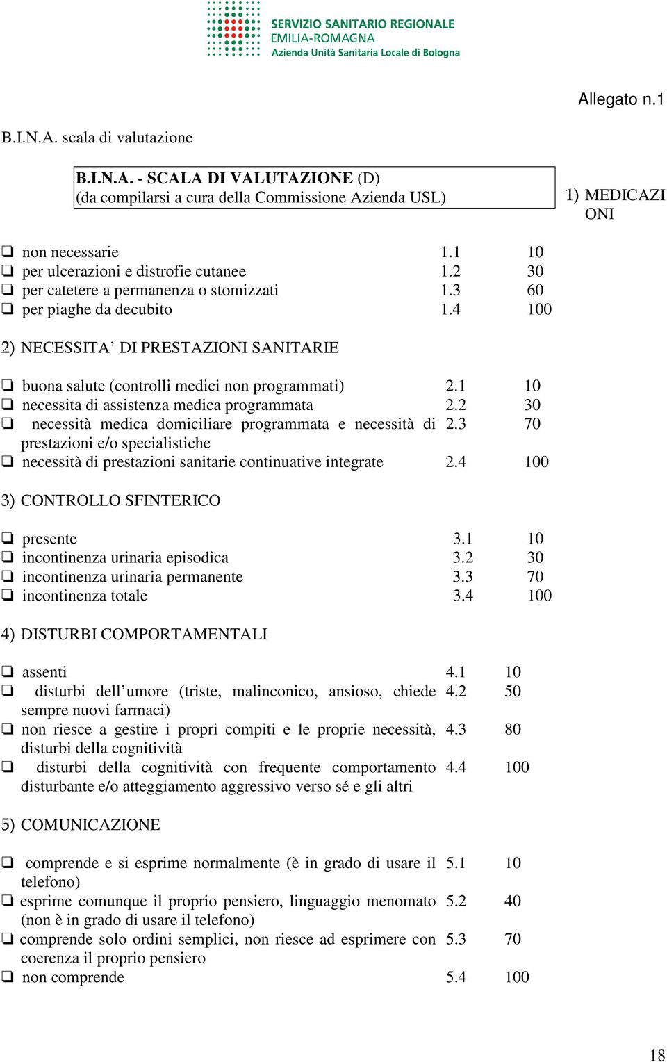 4 100 2) NECESSITA DI PRESTAZIONI SANITARIE buona salute (controlli medici non programmati) 2.1 10 necessita di assistenza medica programmata 2.