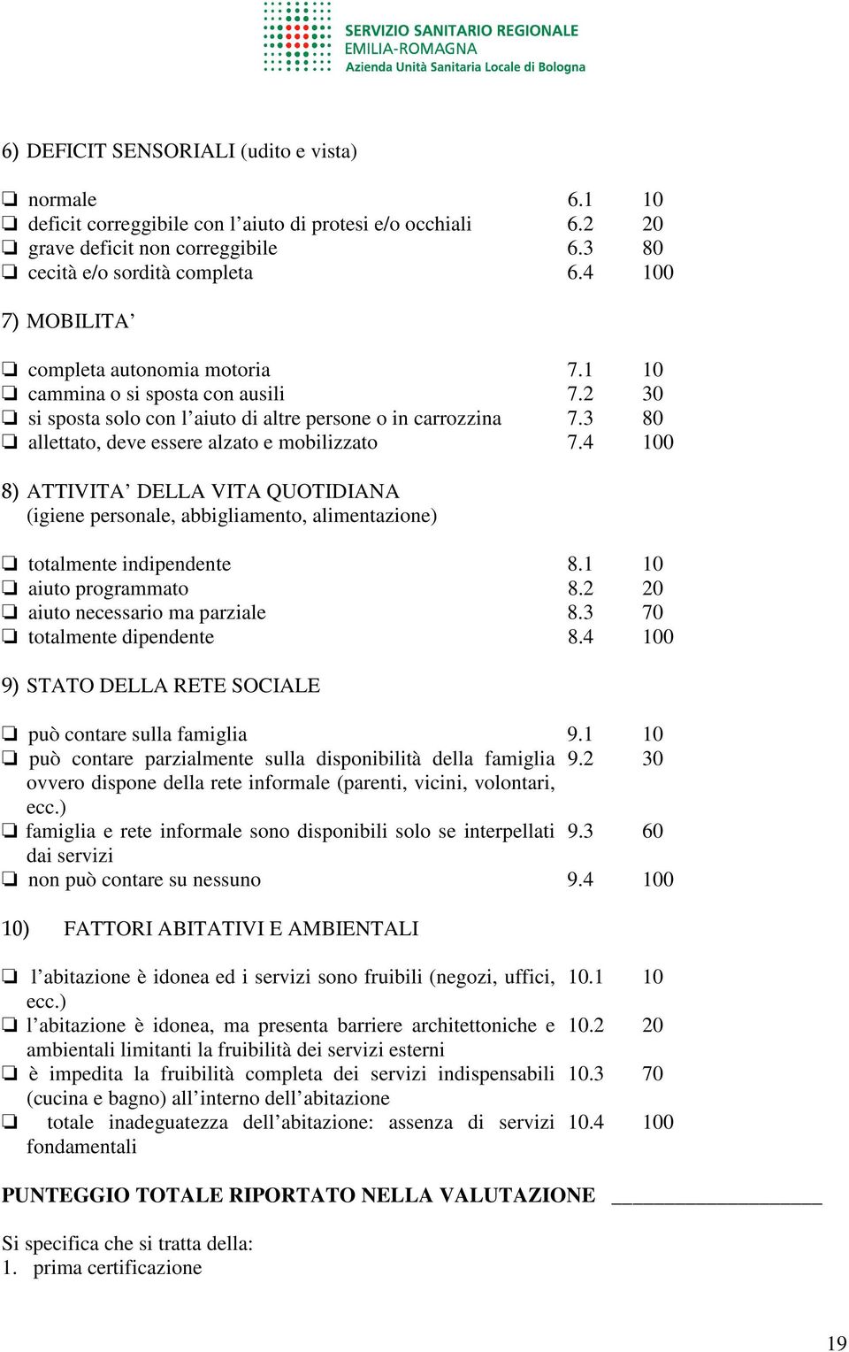 3 80 allettato, deve essere alzato e mobilizzato 7.4 100 8) ATTIVITA DELLA VITA QUOTIDIANA (igiene personale, abbigliamento, alimentazione) totalmente indipendente 8.1 10 aiuto programmato 8.