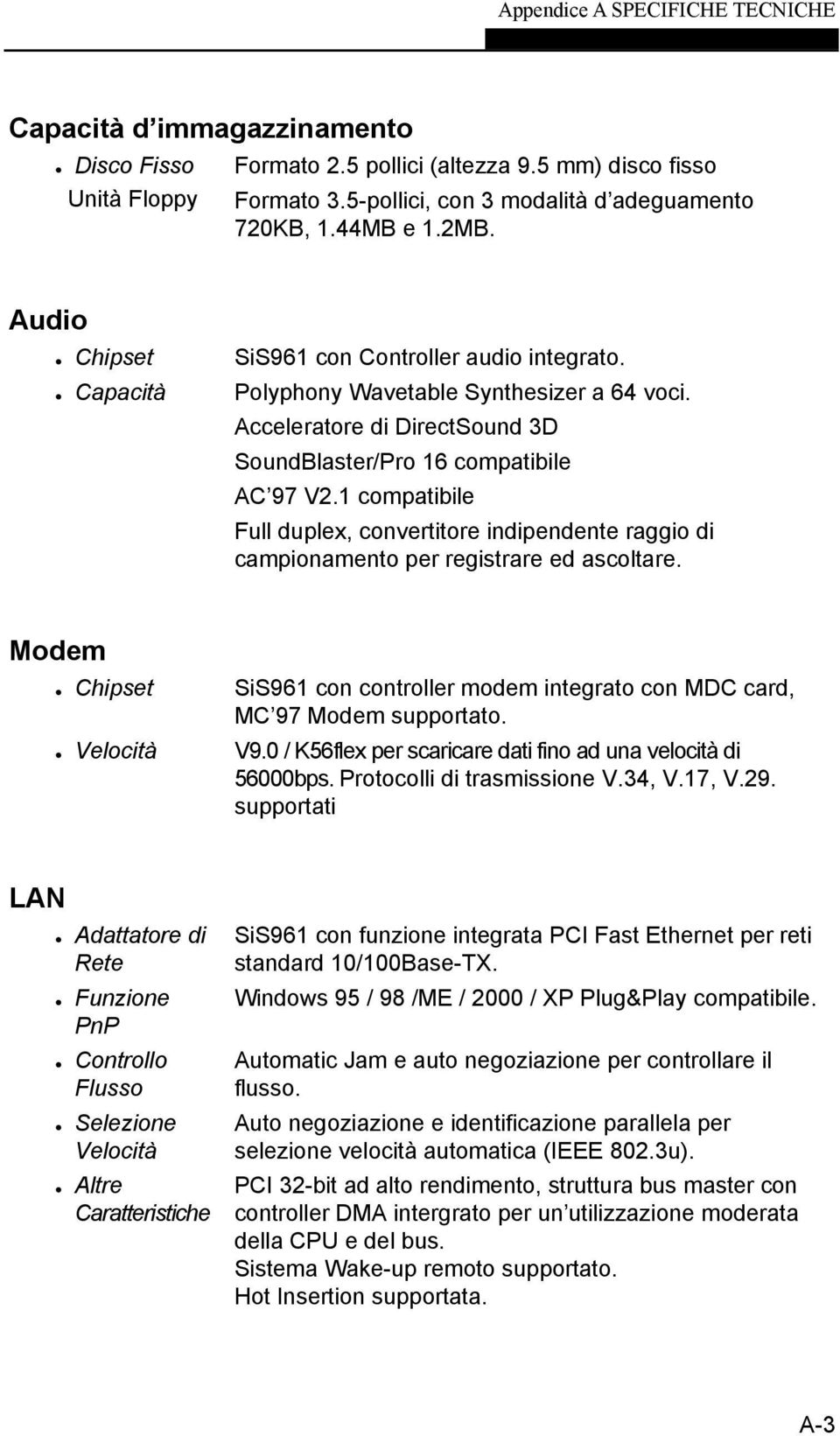1 compatibile Full duplex, convertitore indipendente raggio di campionamento per registrare ed ascoltare. Modem Chipset SiS961 con controller modem integrato con MDC card, MC 97 Modem supportato.