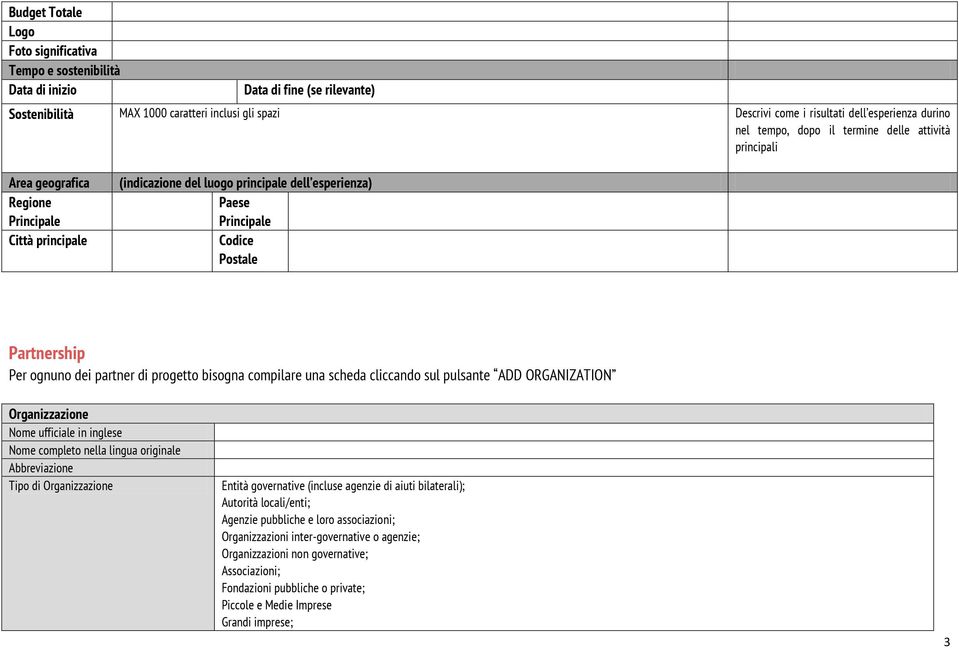 Partnership Per ognuno dei partner di progetto bisogna compilare una scheda cliccando sul pulsante ADD ORGANIZATION Organizzazione Nome ufficiale in inglese Nome completo nella lingua originale