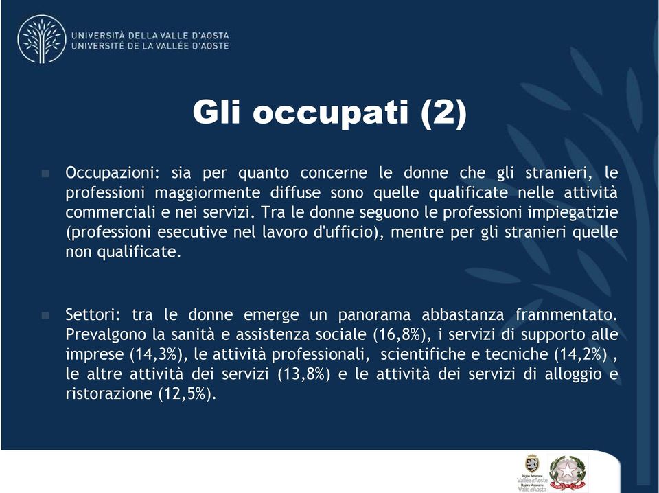 Tra le donne seguono le professioni impiegatizie (professioni esecutive nel lavoro d'ufficio), mentre per gli stranieri quelle non qualificate.