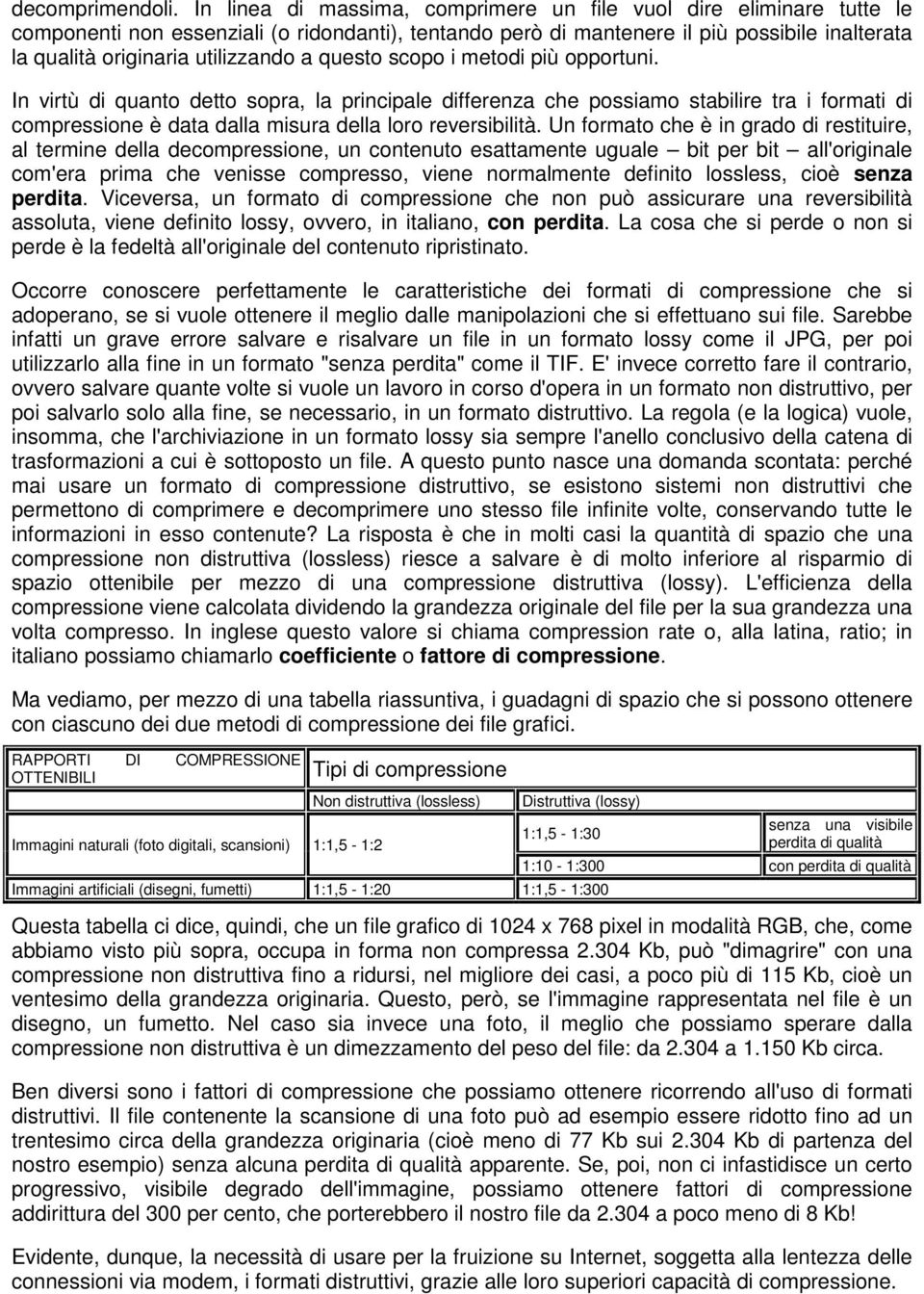 a questo scopo i metodi più opportuni. In virtù di quanto detto sopra, la principale differenza che possiamo stabilire tra i formati di compressione è data dalla misura della loro reversibilità.