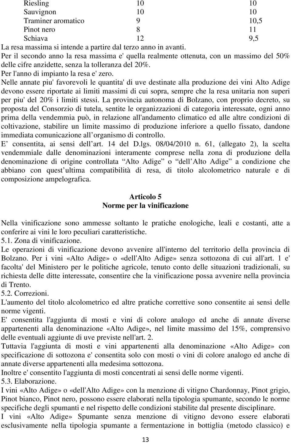 Nelle annate piu' favorevoli le quantita' di uve destinate alla produzione dei vini Alto Adige devono essere riportate ai limiti massimi di cui sopra, sempre che la resa unitaria non superi per piu'