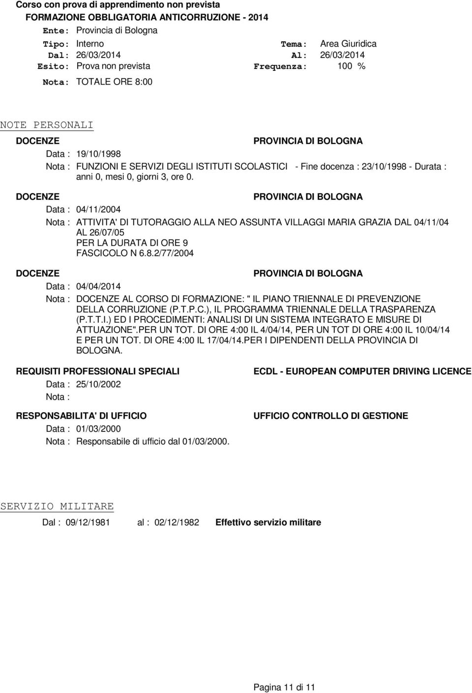 DOCENZE PROVINCIA DI BOLOGNA Data : 04/11/2004 ATTIVITA' DI TUTORAGGIO ALLA NEO ASSUNTA VILLAGGI MARIA GRAZIA DAL 04/11/04 AL 26/07/05 PER LA DURATA DI ORE 9 FASCICOLO N 6.8.