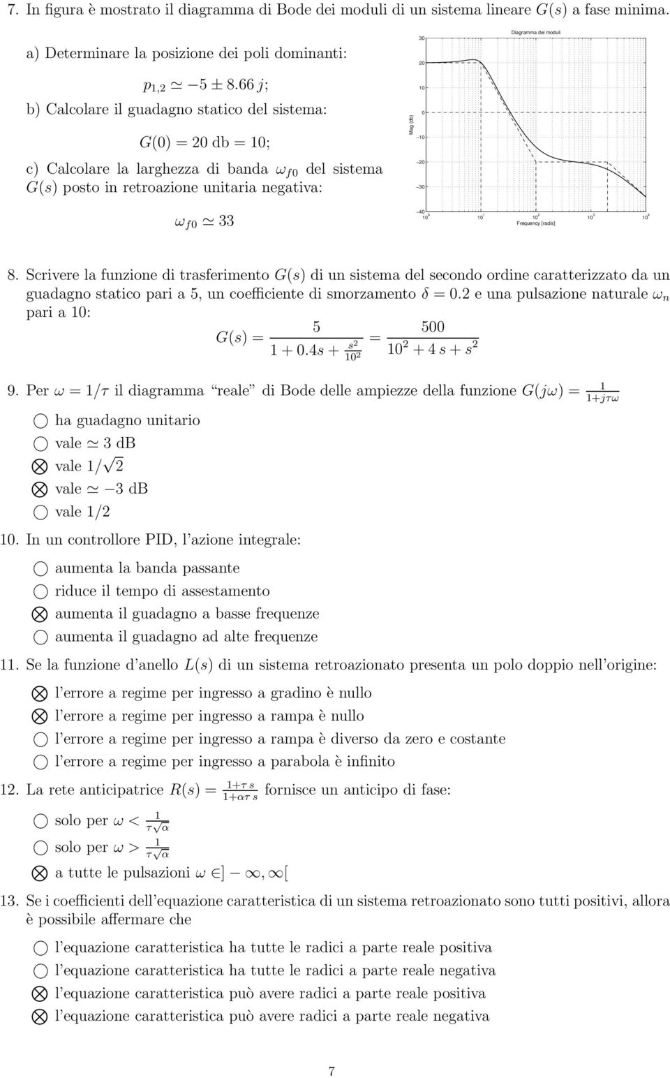 ω f 33 1 1 1 Frequency [rad/s] 1 3 1 8. Scrivere la funzione di trasferimento G(s) di un sistema del secondo ordine caratterizzato da un guadagno statico pari a, un coefficiente di smorzamento δ =.