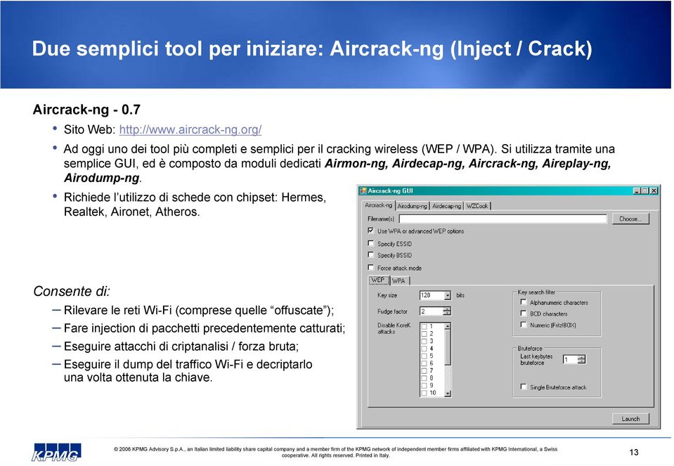 Si utilizza tramite una semplice GUI, ed è composto da moduli dedicati Airmon-ng, Airdecap-ng, Aircrack-ng, Aireplay-ng, Airodump-ng.