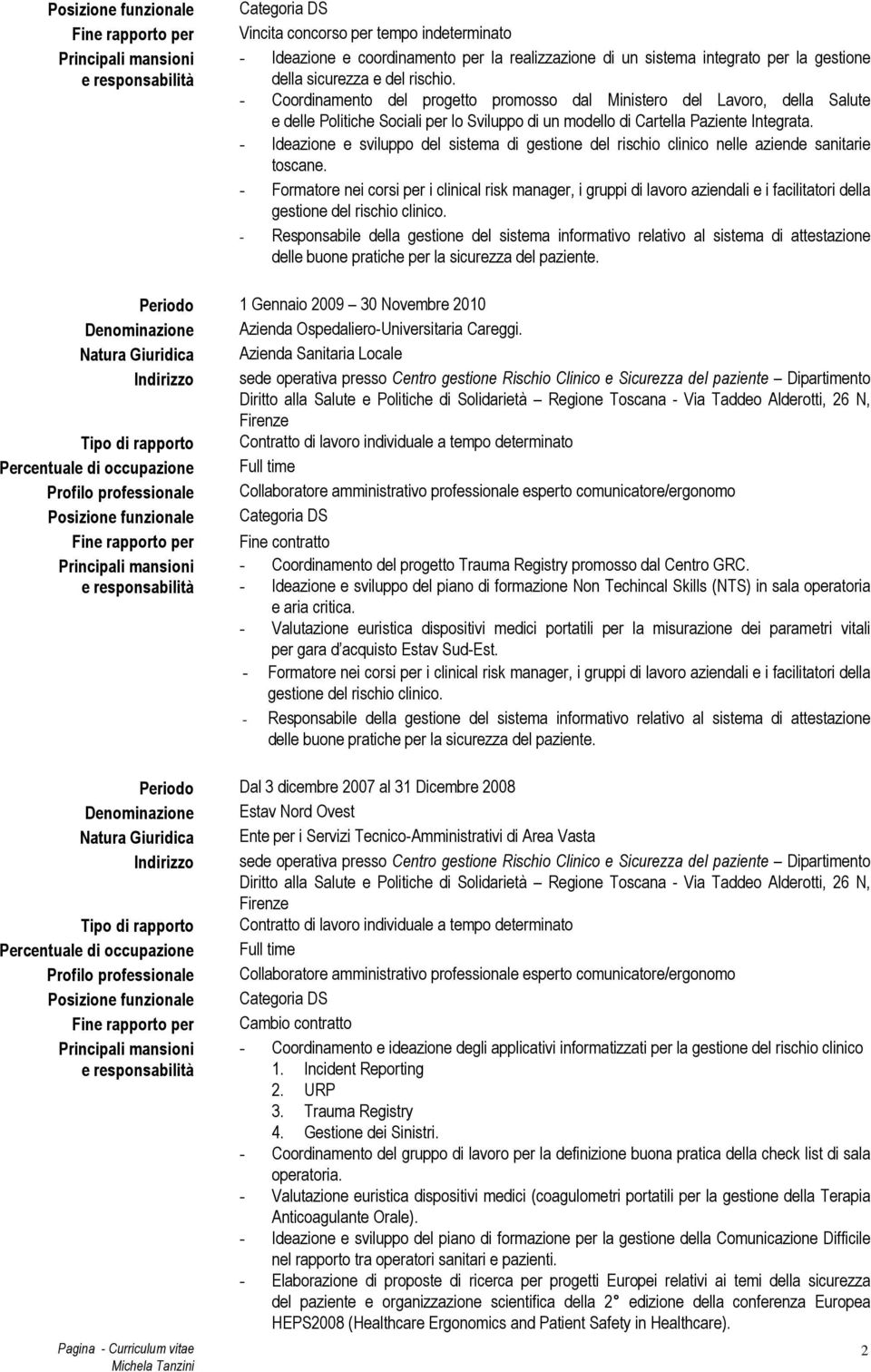 - Coordinamento del progetto promosso dal Ministero del Lavoro, della Salute e delle Politiche Sociali per lo Sviluppo di un modello di Cartella Paziente Integrata.