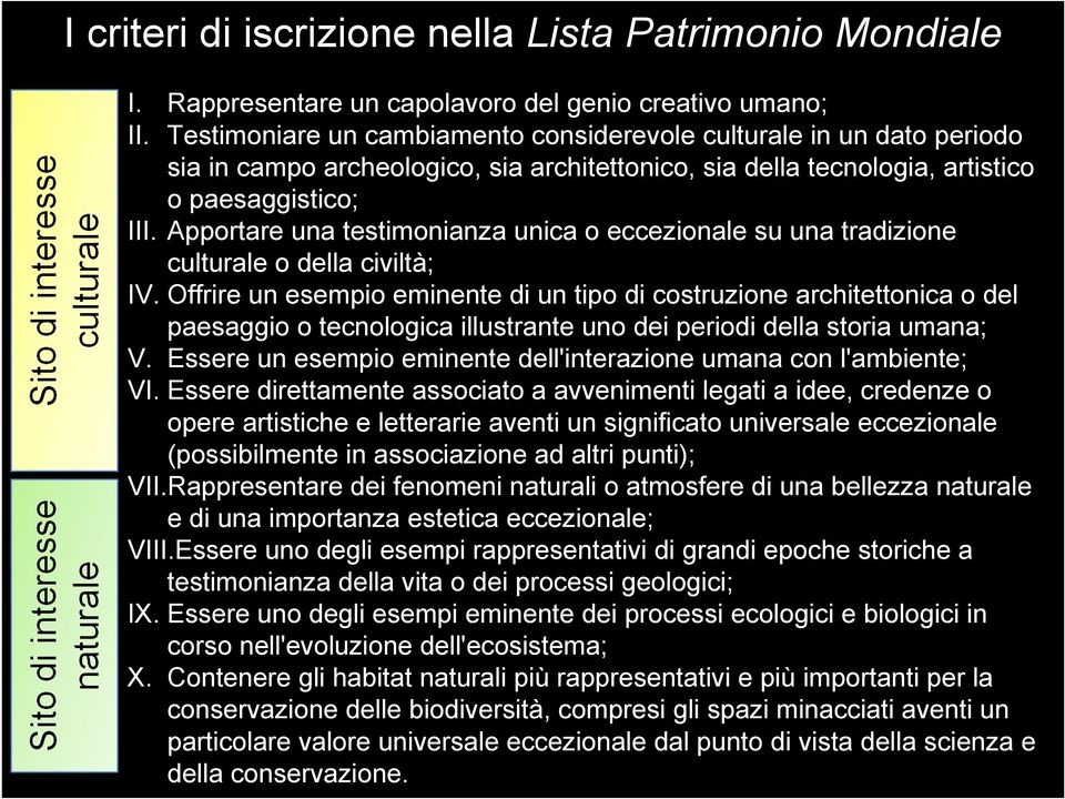 Apportare una testimonianza unica o eccezionale su una tradizione culturale o della civiltà; IV.