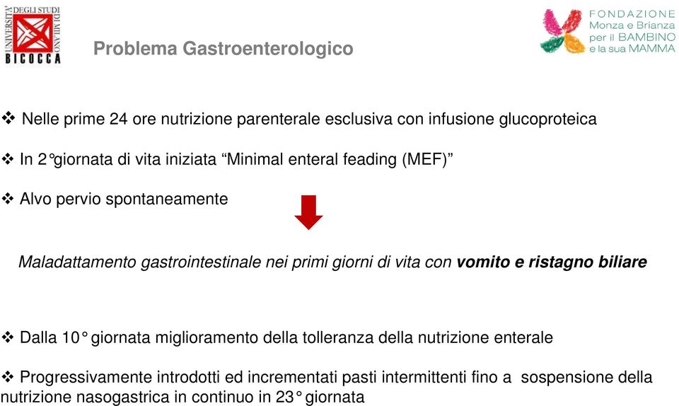 vita con vomito e ristagno biliare Dalla 10 giornata miglioramento della tolleranza della nutrizione enterale