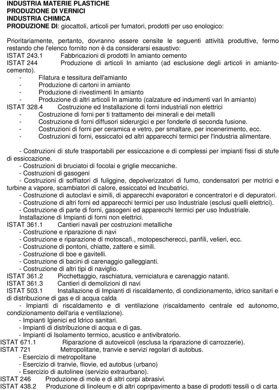 1 Fabbricazioni di prodotti In amianto cemento ISTAT 244 Produzione di articoli In amianto (ad esclusione degli articoli in amiantocemento).