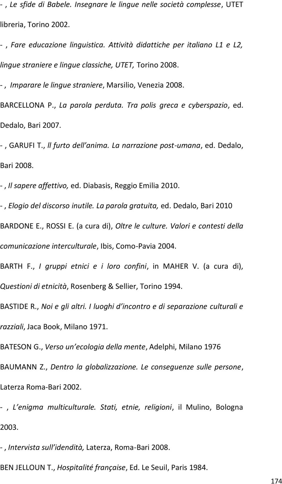 Tra polis greca e cyberspazio, ed. Dedalo, Bari 2007. -, GARUFI T., ll furto dell anima. La narrazione post-umana, ed. Dedalo, Bari 2008. -, Il sapere affettivo, ed. Diabasis, Reggio Emilia 2010.