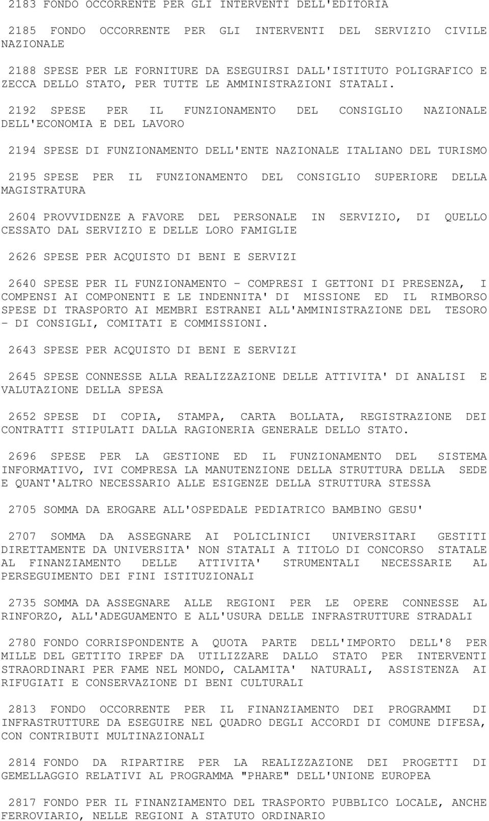 2192 SPESE PER IL FUNZIONAMENTO DEL CONSIGLIO NAZIONALE DELL'ECONOMIA E DEL LAVORO 2194 SPESE DI FUNZIONAMENTO DELL'ENTE NAZIONALE ITALIANO DEL TURISMO 2195 SPESE PER IL FUNZIONAMENTO DEL CONSIGLIO